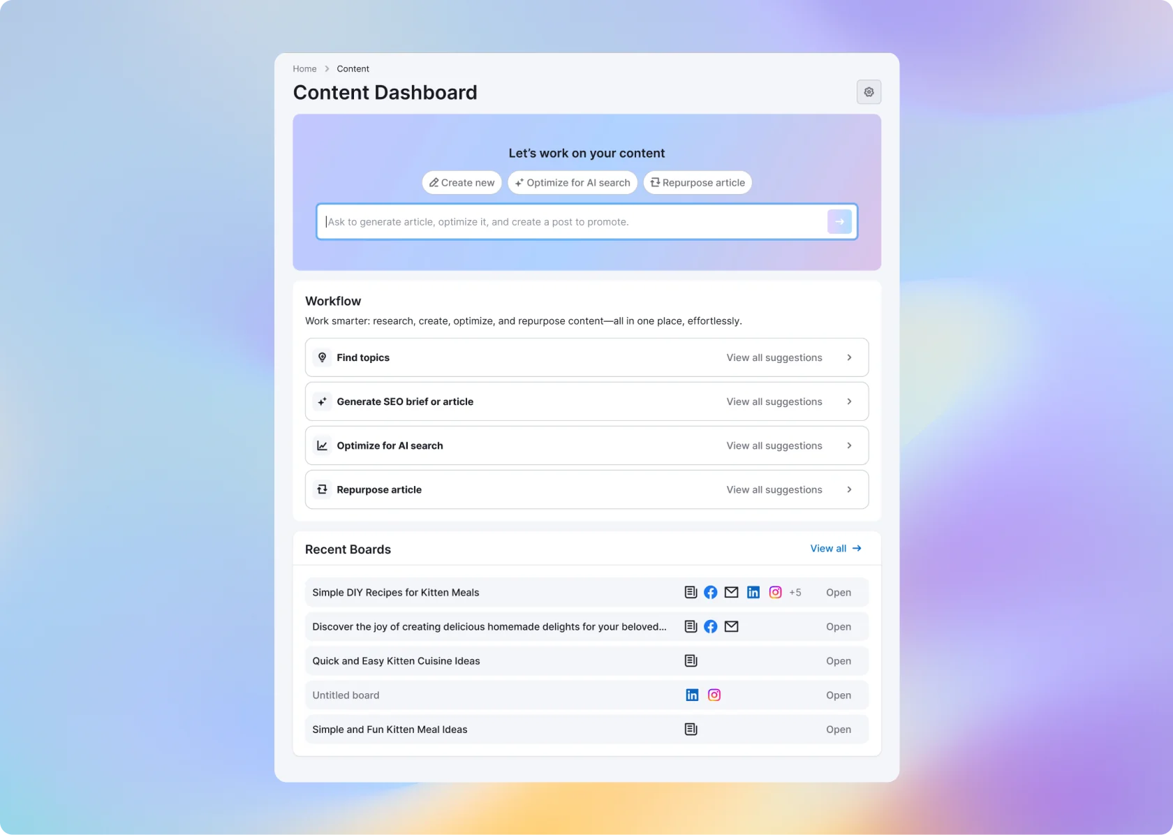 Content Dashboard interface